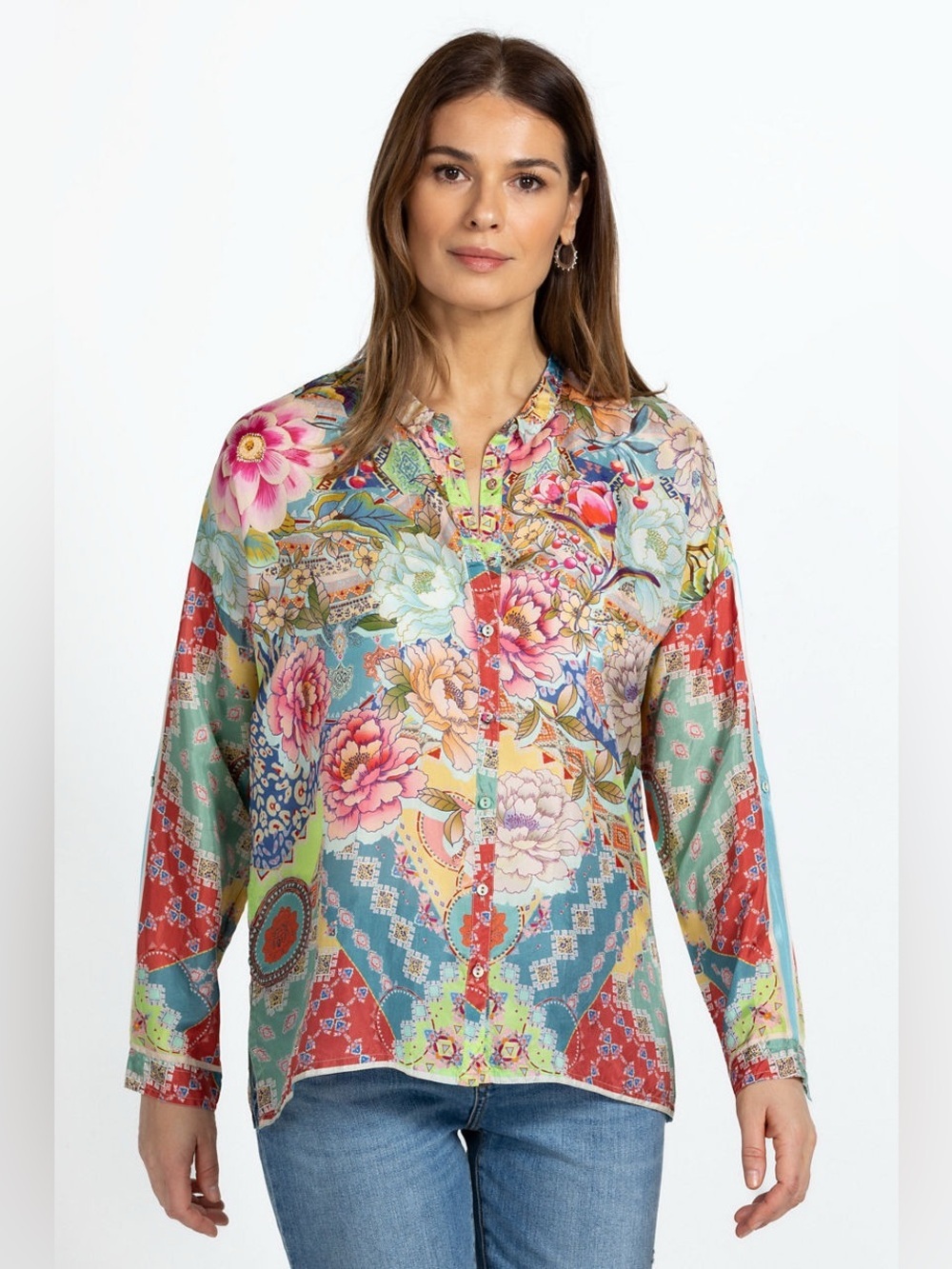 Johnny Was 100% silk floral Prisma Seline Button Down L